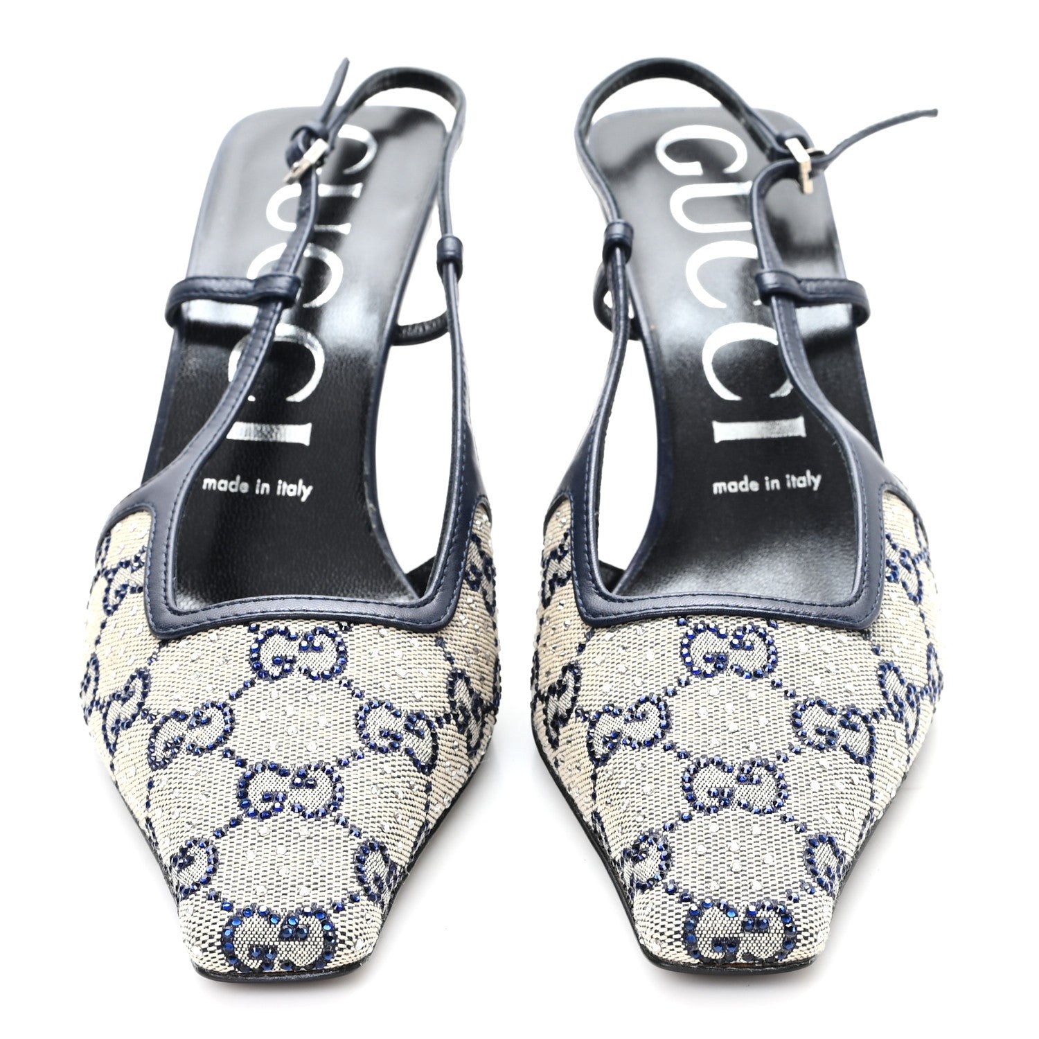 Gucci GG Monogram Malaga Kid Crystal Square G 75mm Slingback Pumps 38.5 Beige Blue 3 of 9