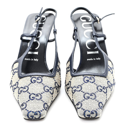 Gucci GG Monogram Malaga Kid Crystal Square G 75mm Slingback Pumps 38.5 Beige Blue 3 of 9