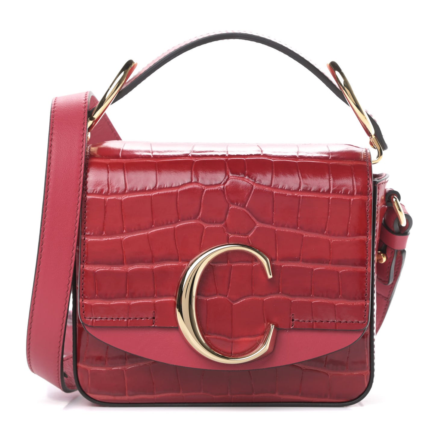 Calfskin Crocodile Embossed Mini C Double Carry Dusky Red