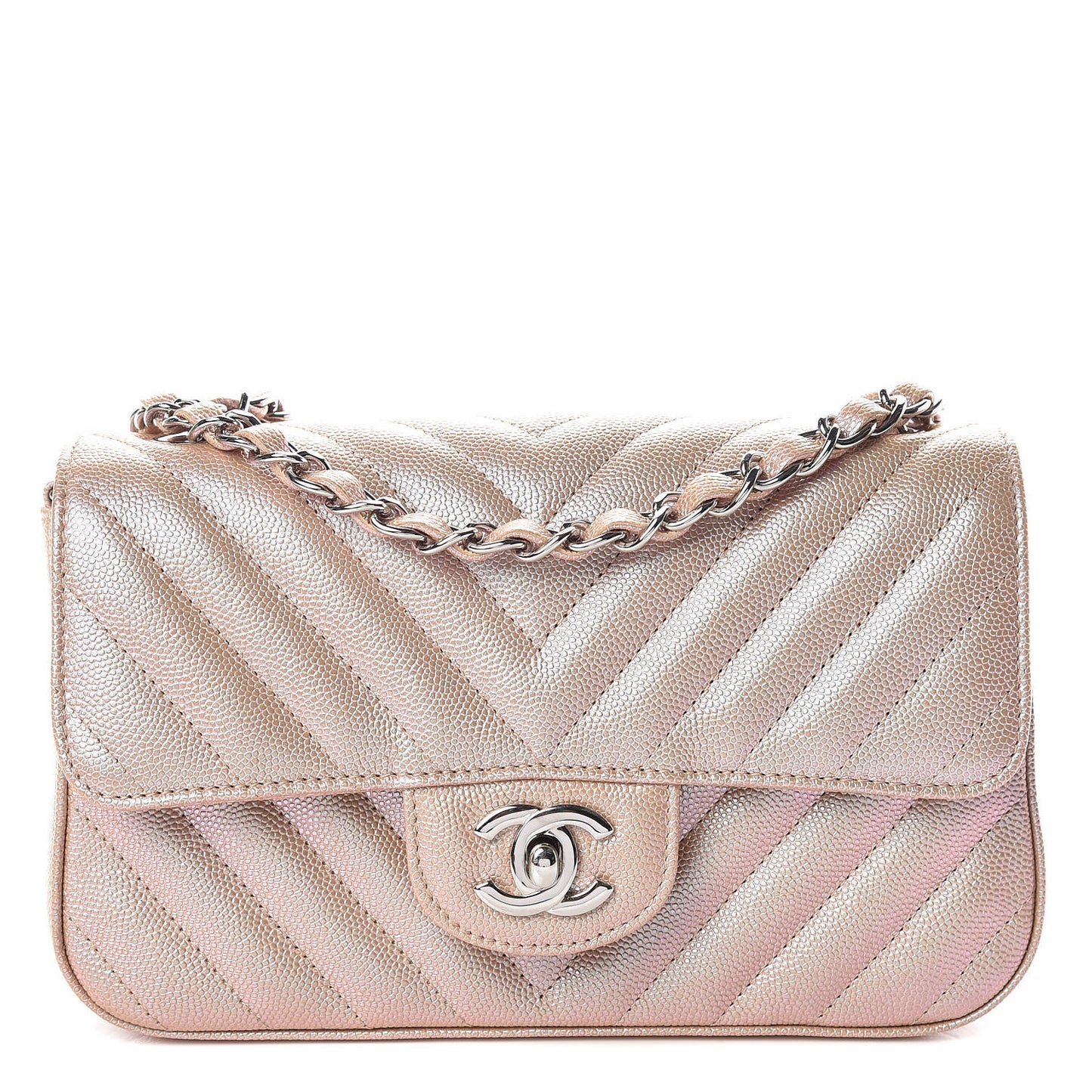 Iridescent Caviar Chevron Quilted Mini Rectangular Flap Light Gold