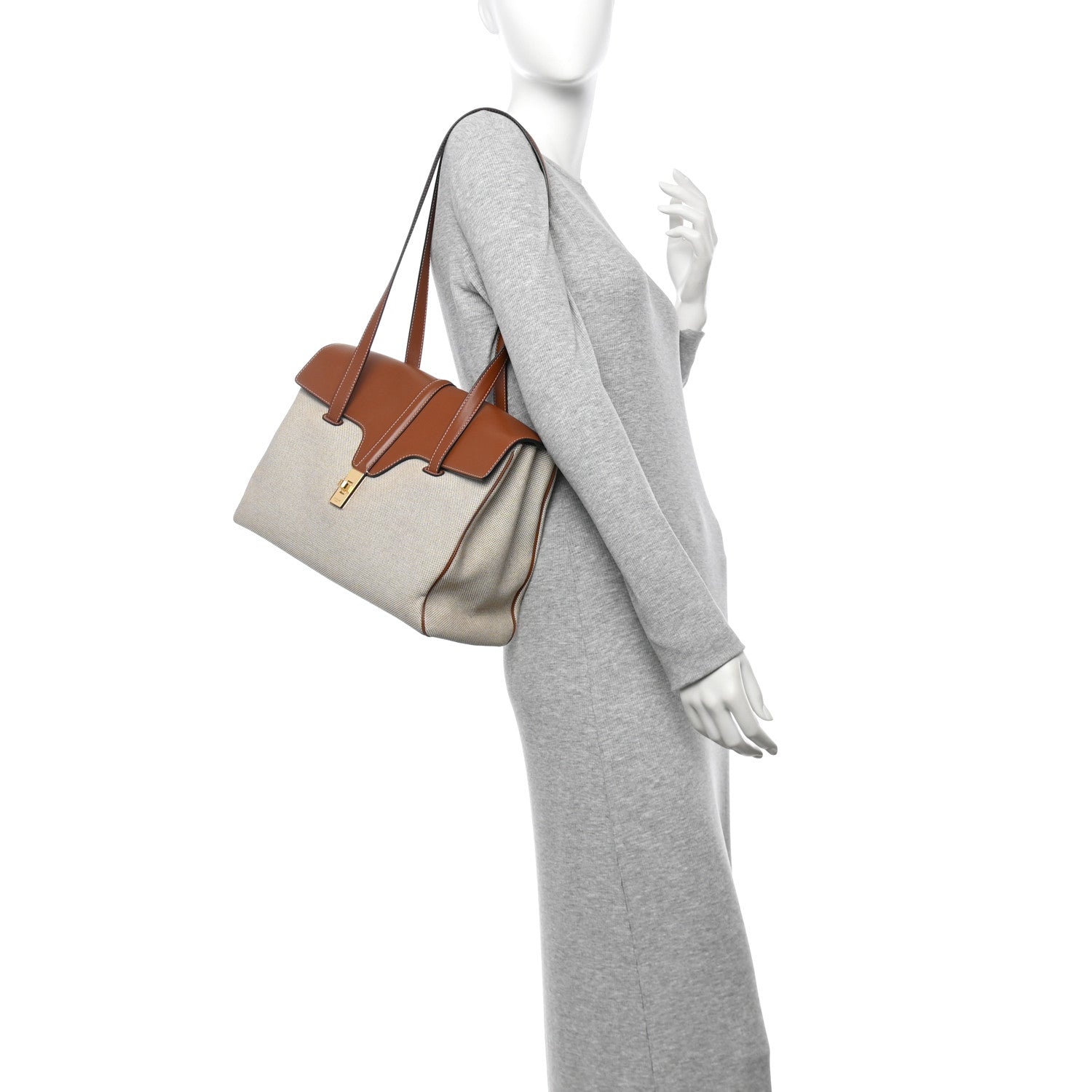 Celine Canvas Calfskin Medium Soft 16 Top Handle Bag Tan White 2 of 10