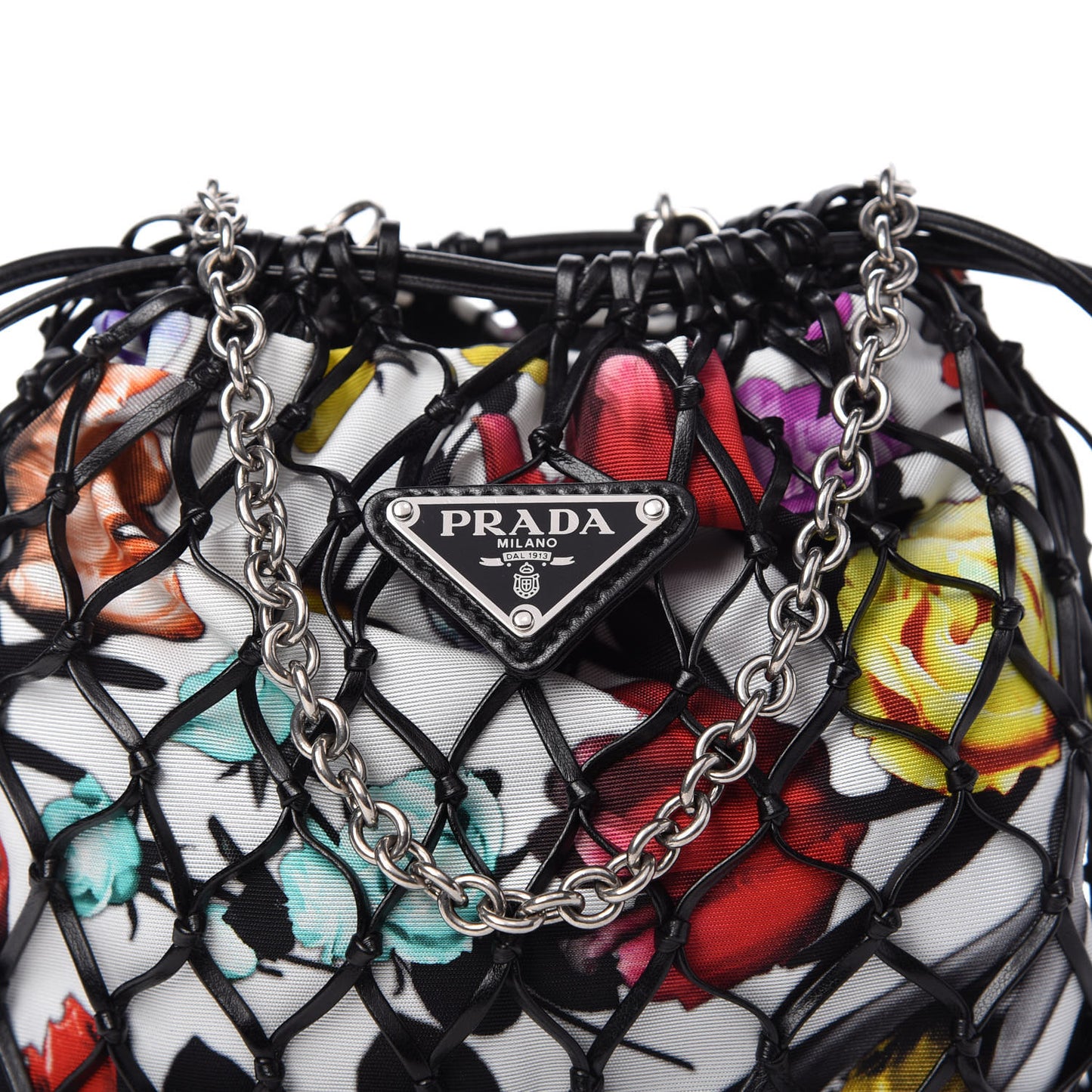 Fabric Calfskin Floral Print Net Chain Bag Black Multicolor