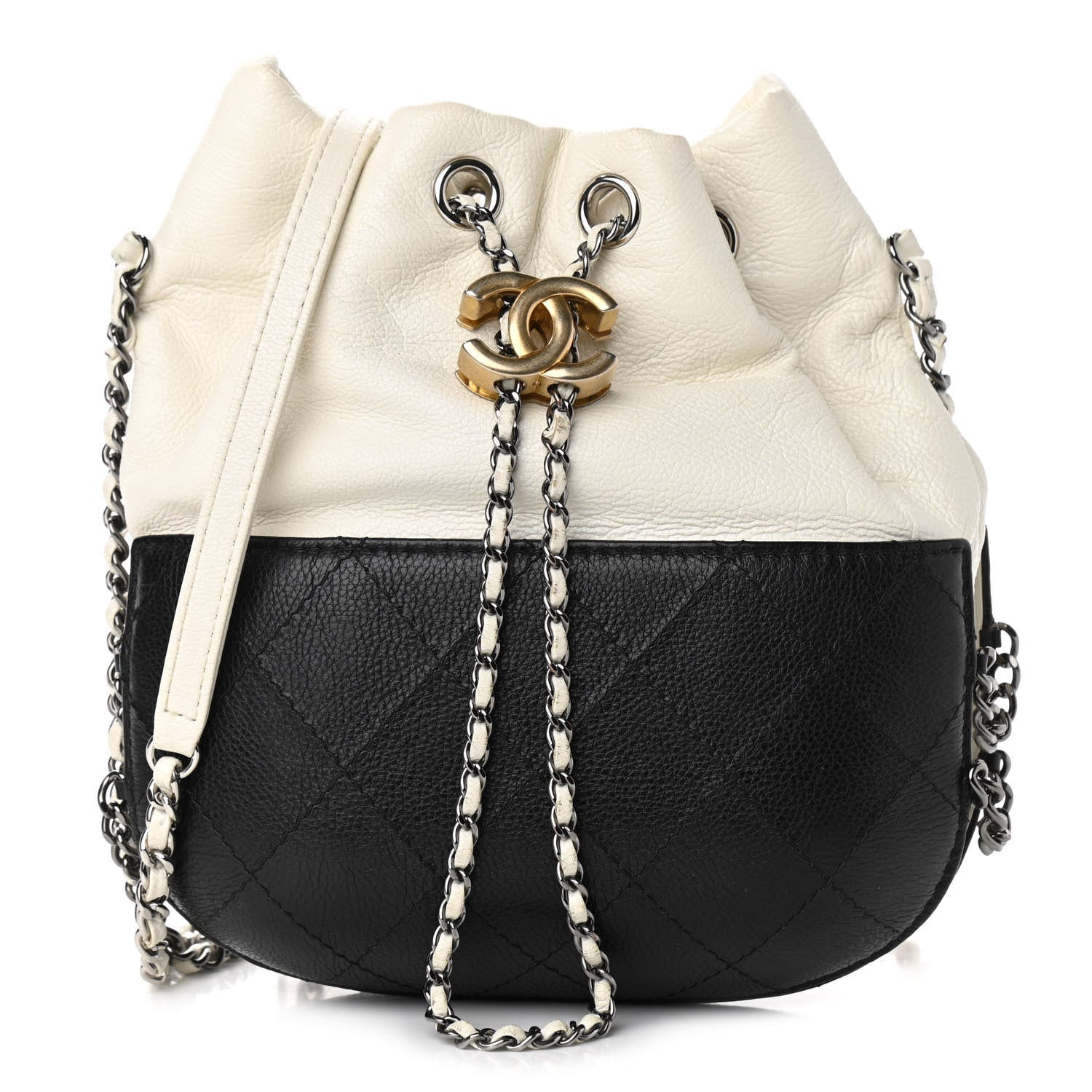 Chanel Aged Calfskin Quilted Small Gabrielle Bucket White Black 1 of 10