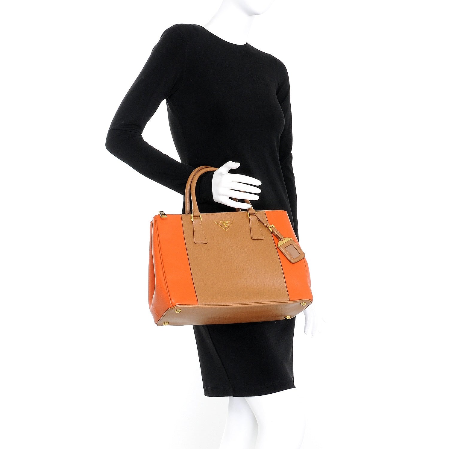 Prada Saffiano Lux Colorblock Medium Galleria Double Zip Tote Caramel Papaya 3 of 4