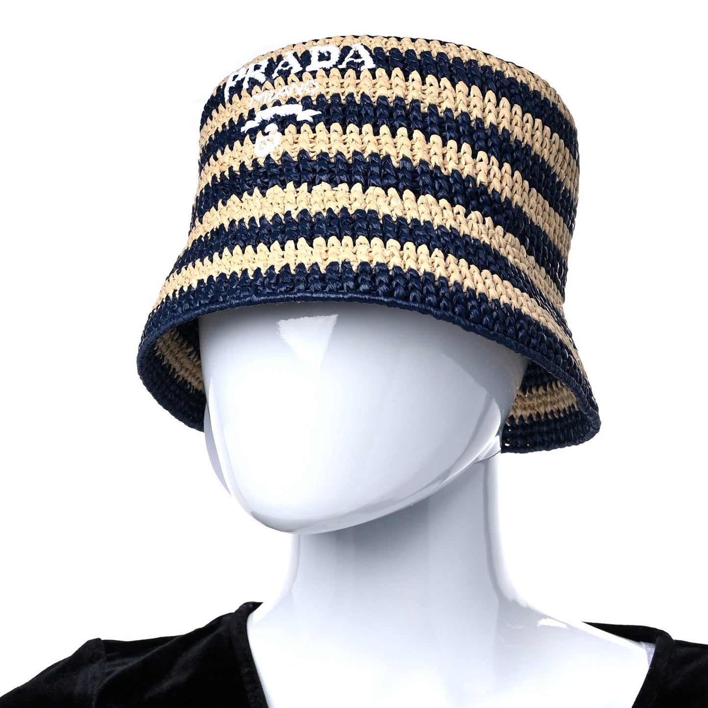 Raffia Striped Logo Embroidered Womens Bucket Hat M Naturale Baltico