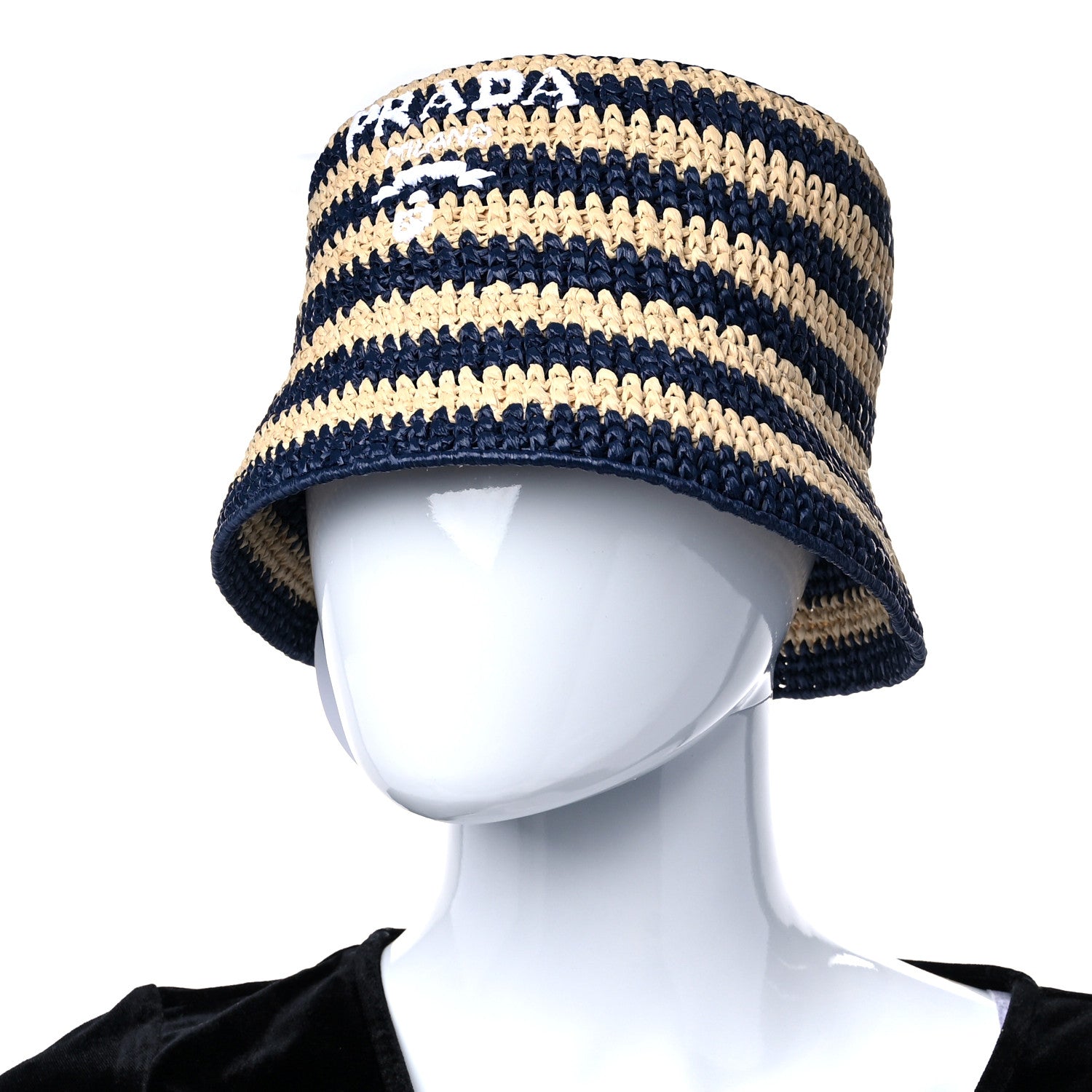 Prada Raffia Striped Logo Embroidered Womens Bucket Hat M Naturale Baltico 2 of 7