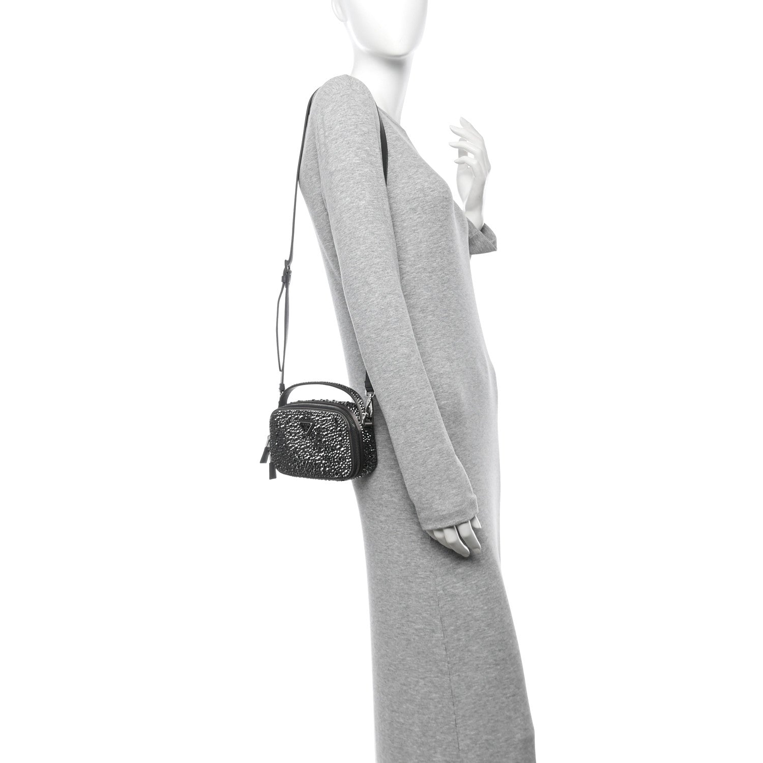 Prada Satin Crystal Metal Triangle Logo Odette Crossbody Fumo 2 of 10