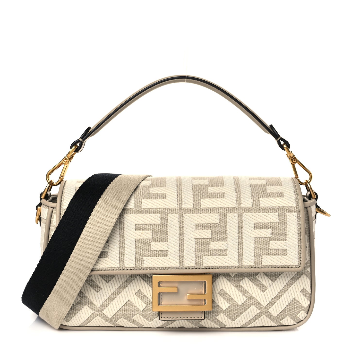 Canvas Vitello King FF Embroidered Baguette Grezzo White Nuvola