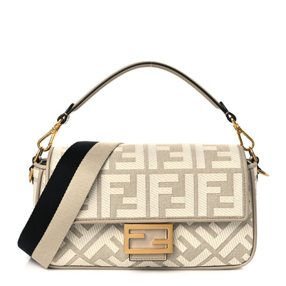 Fendi Canvas Vitello King FF Embroidered Baguette Grezzo White Nuvola 1 of 10
