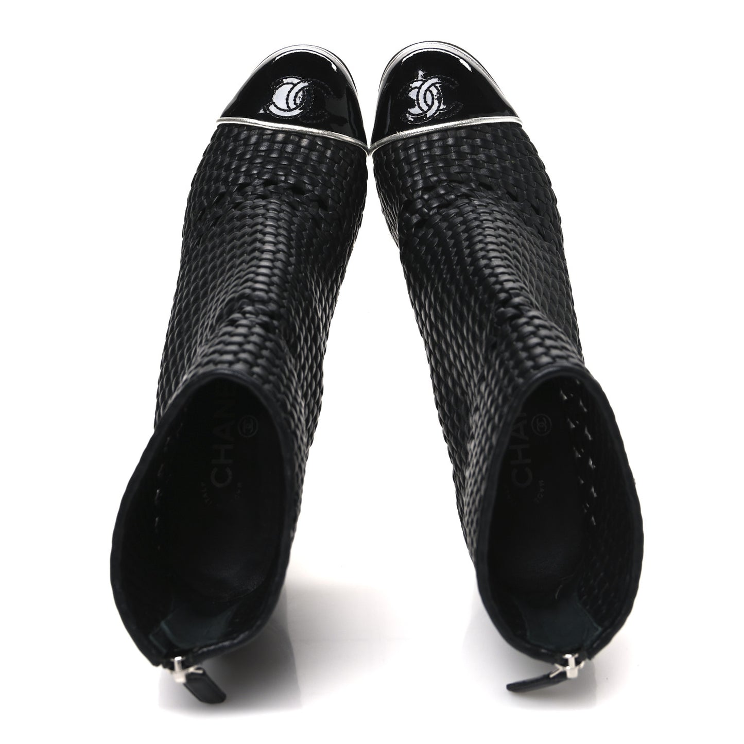 Woven Lambskin Patent Cap Toe Short Boots 41 Black