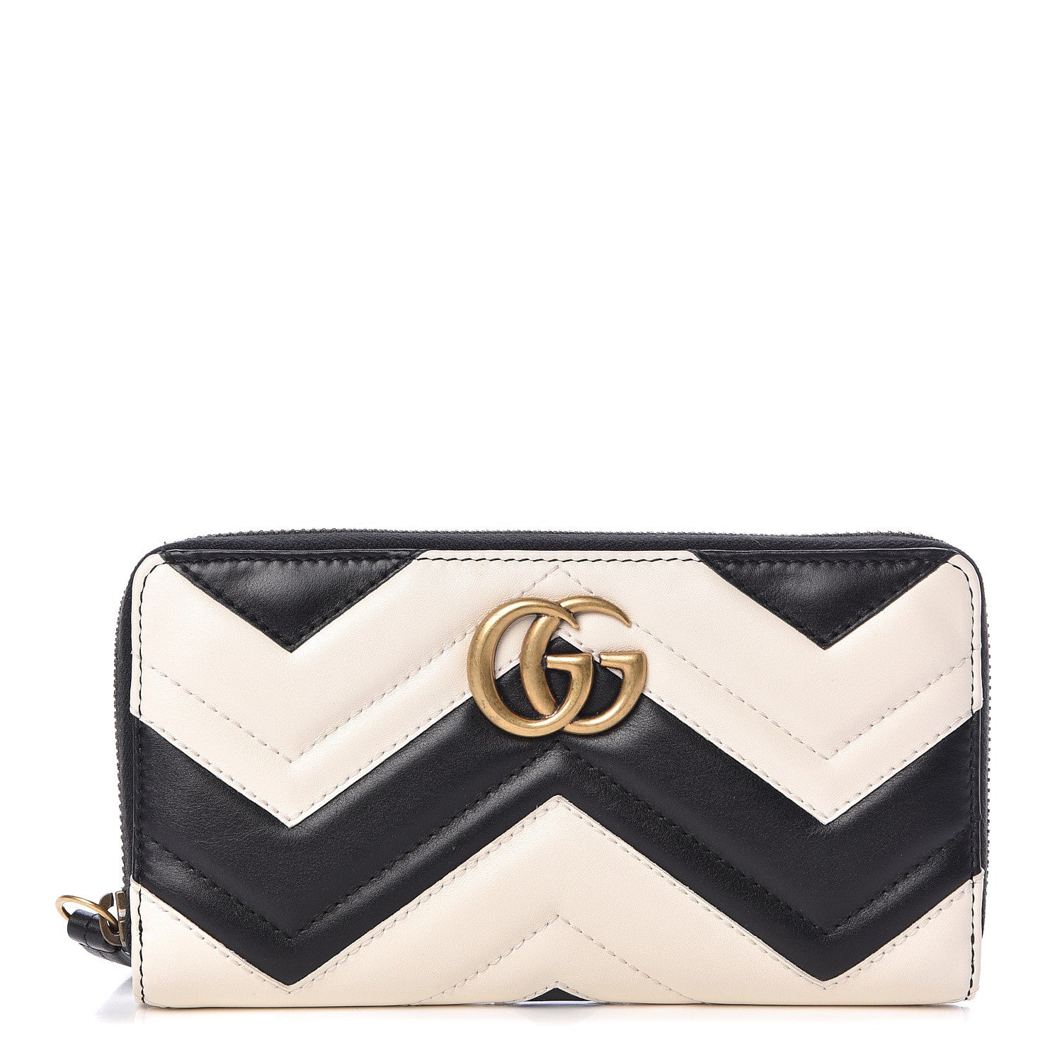 Gucci Calfskin Matelasse GG Marmont Zip Around Wallet Black White 1 of 8