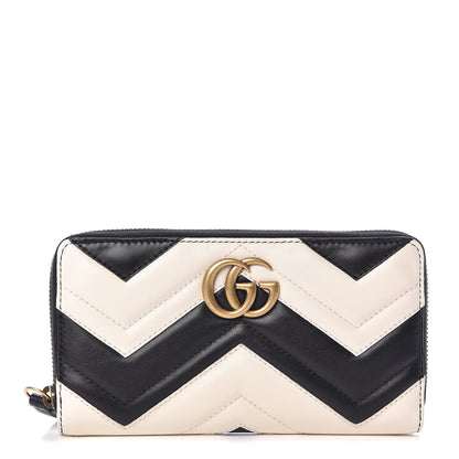 Gucci Calfskin Matelasse GG Marmont Zip Around Wallet Black White 1 of 8