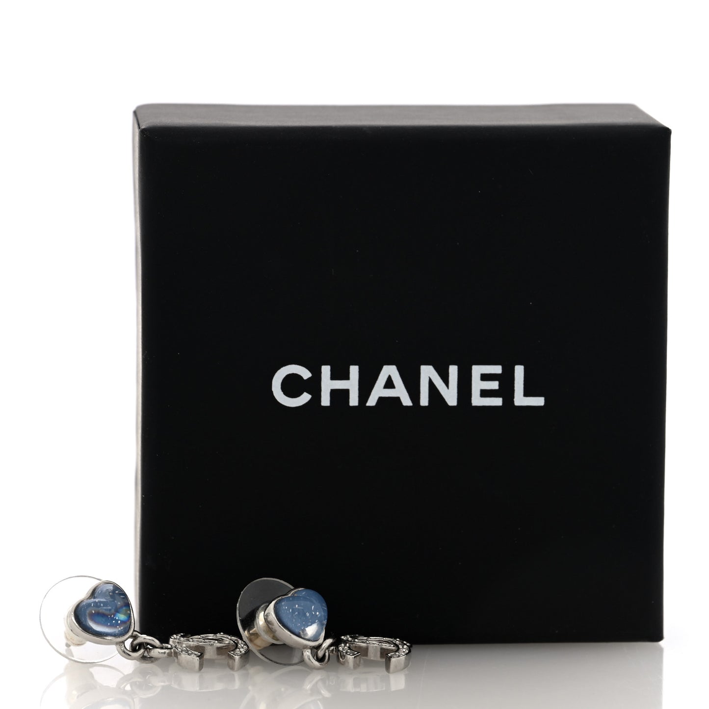 Crystal Resin CC Heart Drop Earrings Silver Blue