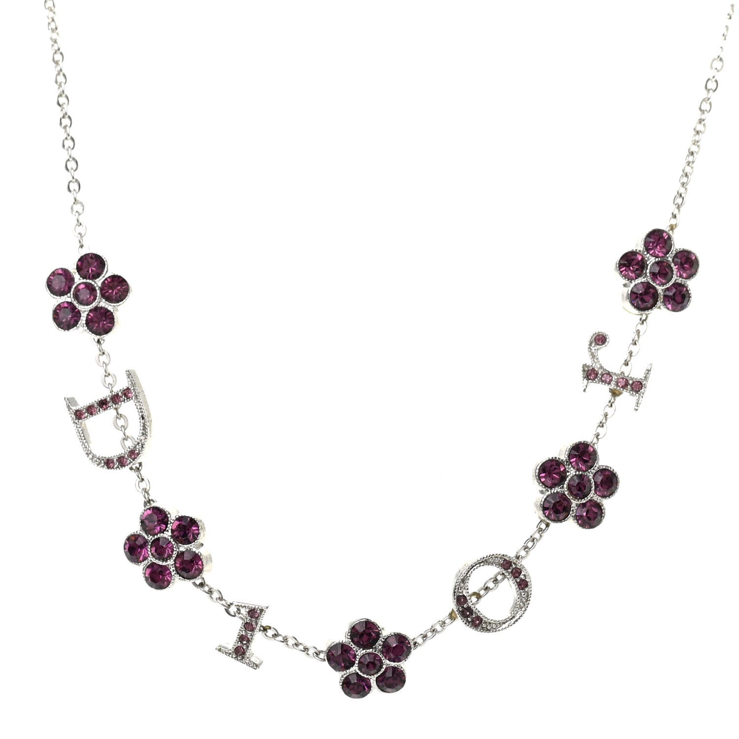 Christian Dior Crystal Flower Logo Charm Necklace Silver 1 of 6