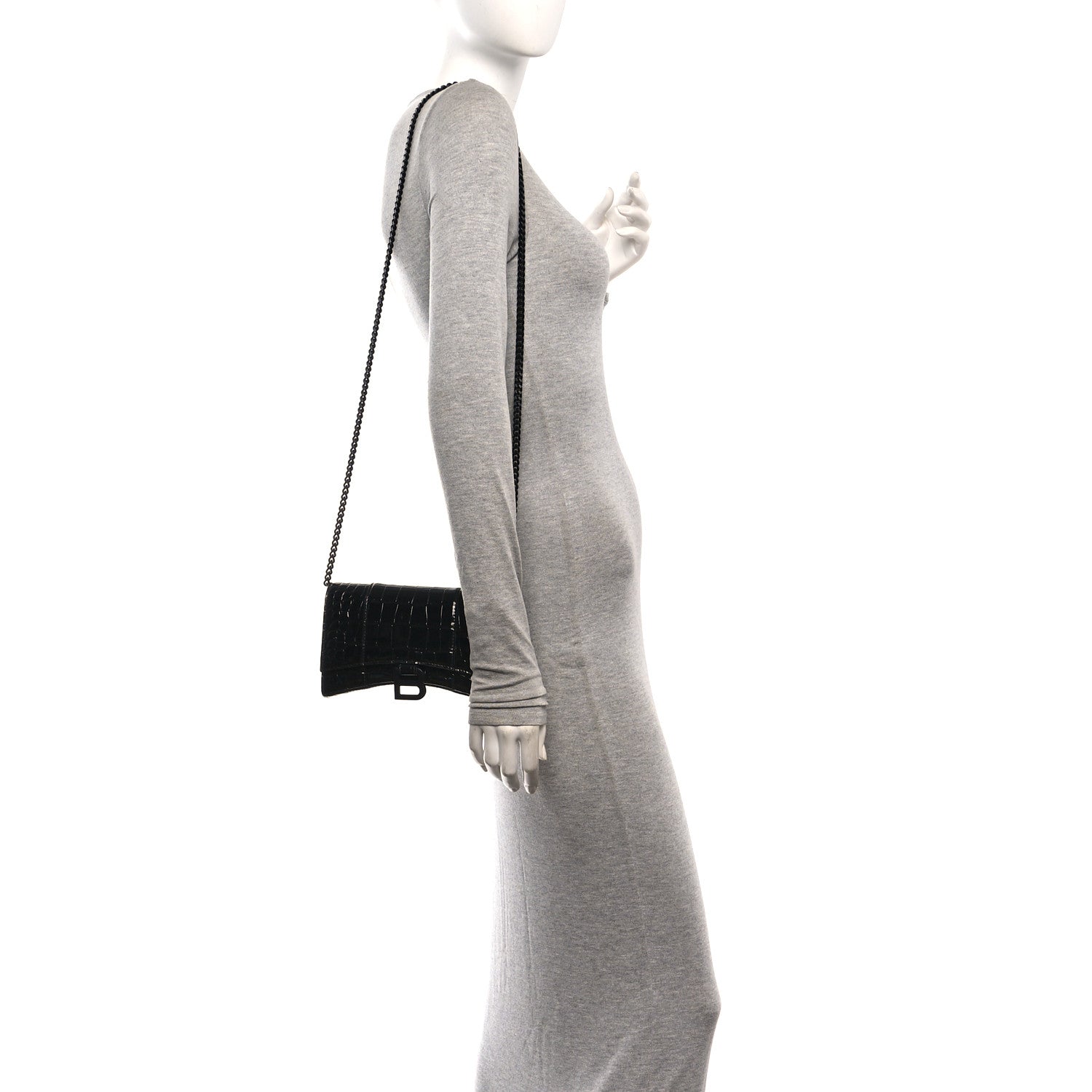 Balenciaga Shiny Calfskin Monochrome Crocodile Embossed Hourglass Chain Bag Black 2 of 10