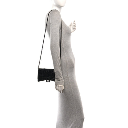 Balenciaga Shiny Calfskin Monochrome Crocodile Embossed Hourglass Chain Bag Black 2 of 10