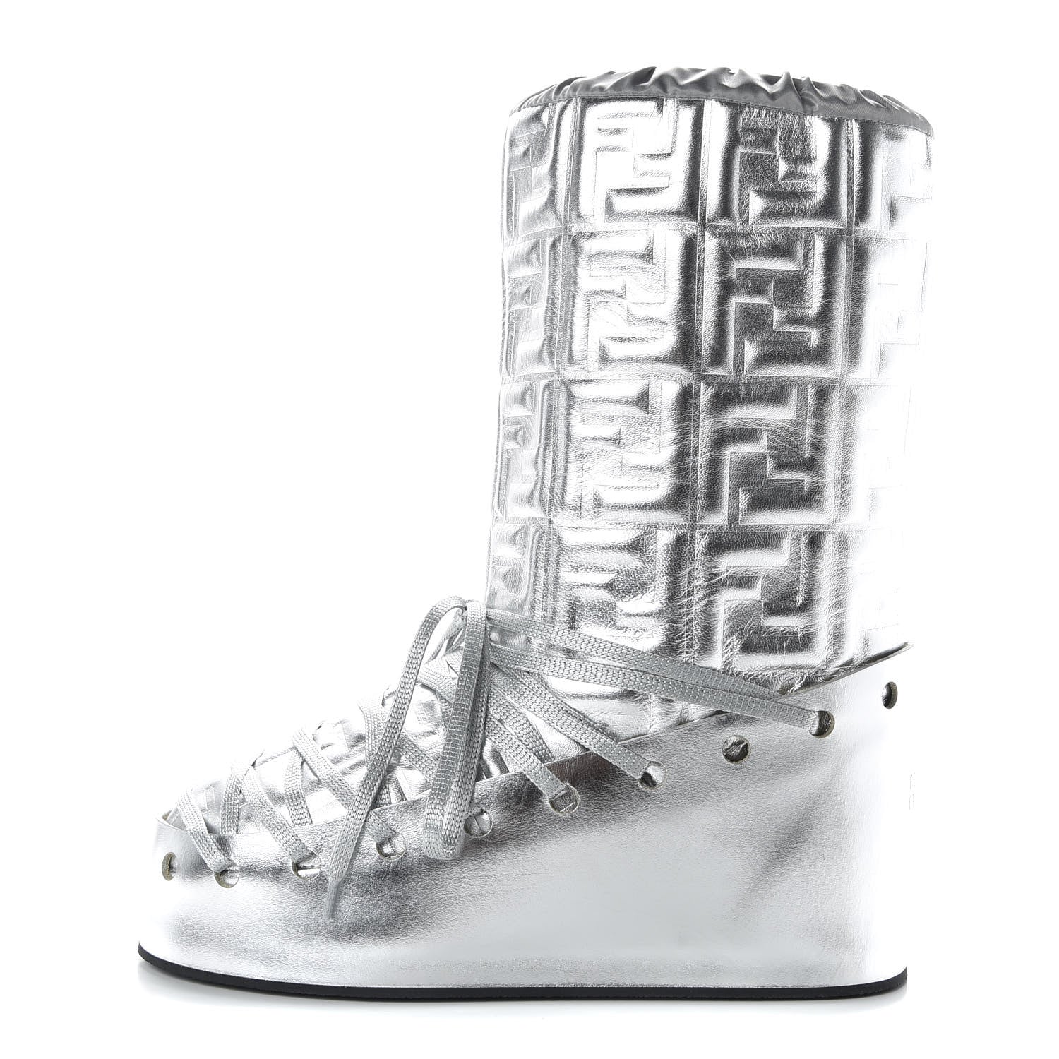 Fendi Laminated Nappa FF Embossed T-Rex Lace Up Ski Boots 40 Argento 1 of 9