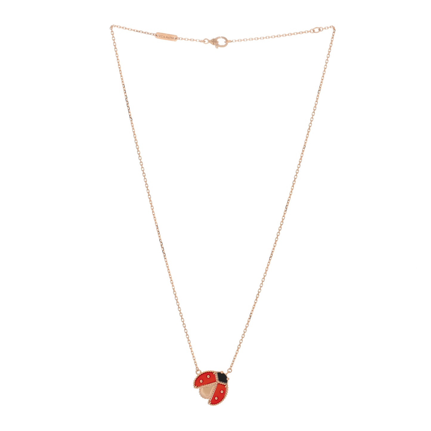 18K Rose Gold Carnelian Black Onyx Lucky Spring Open Wings Lady Bug Pendant Necklace