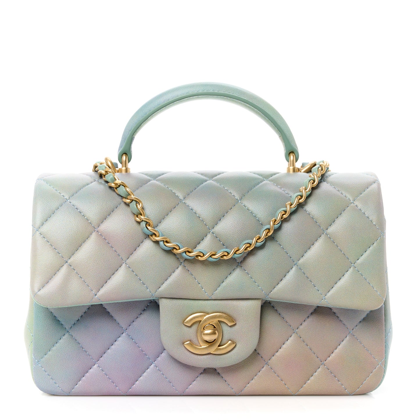 Lambskin Quilted Ombre Mini Top Handle Rectangular Flap Blue Green
