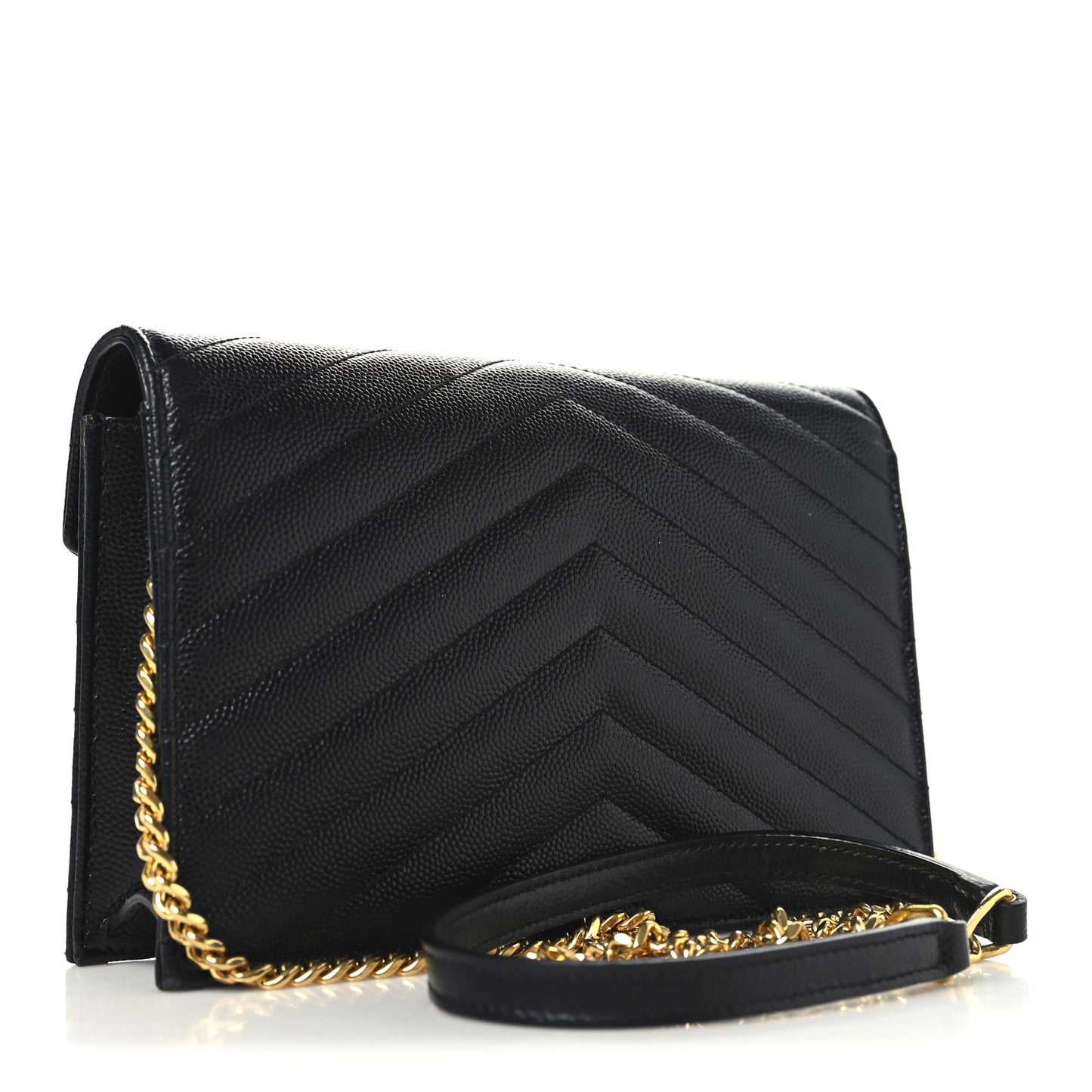 Grain De Poudre Matelasse Chevron Monogram Envelope Chain Wallet Black