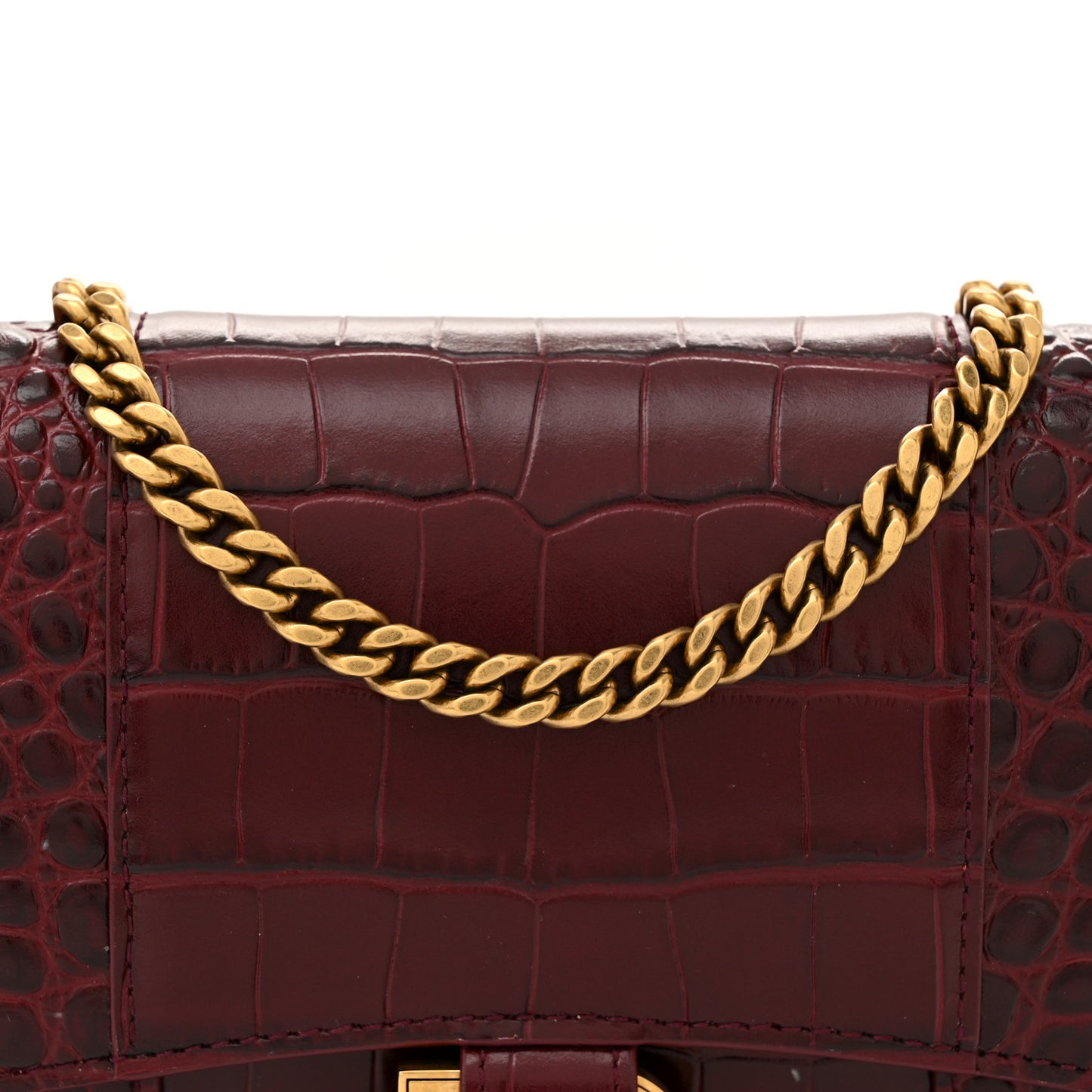 Shiny Calfskin Crocodile Embossed Hourglass Chain Bag Dark Red
