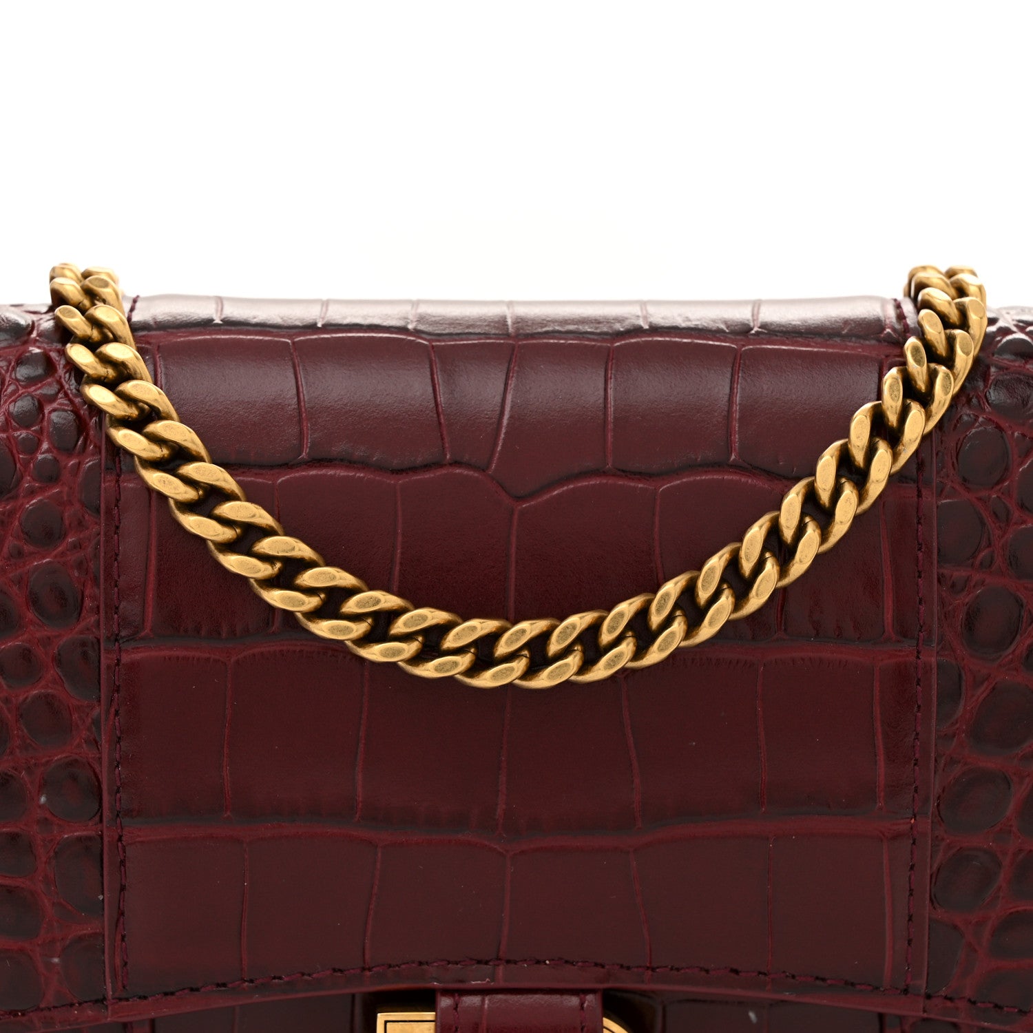 Balenciaga Shiny Calfskin Crocodile Embossed Hourglass Chain Bag Dark Red 7 of 11
