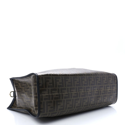 Fendi Glazed Fabric Vitello Century Plexiglass FF 1974 Stamp Patch Medium Runaway Shopper Tote Mogano Panna Black 4 of 14