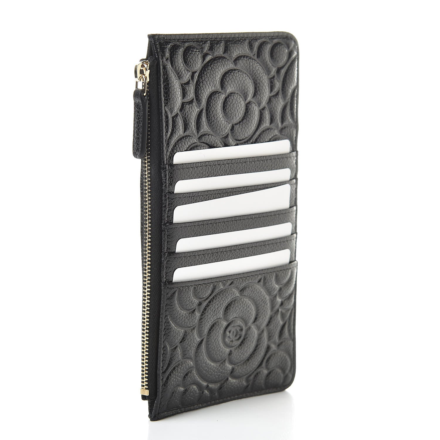 Chanel Caviar Camellia Embossed Classic Flat Wallet Pouch Black 3 of 8