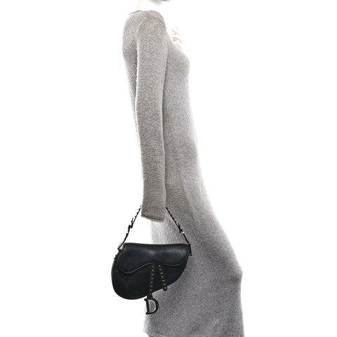 Shiny Crinkled Calfskin Studded Saddle Bag Black
