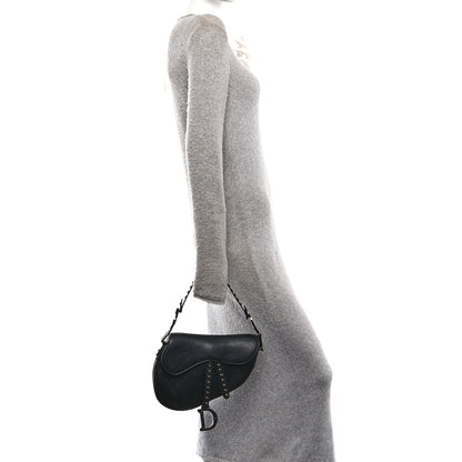 Christian Dior Shiny Crinkled Calfskin Studded Saddle Bag Black 2 of 10