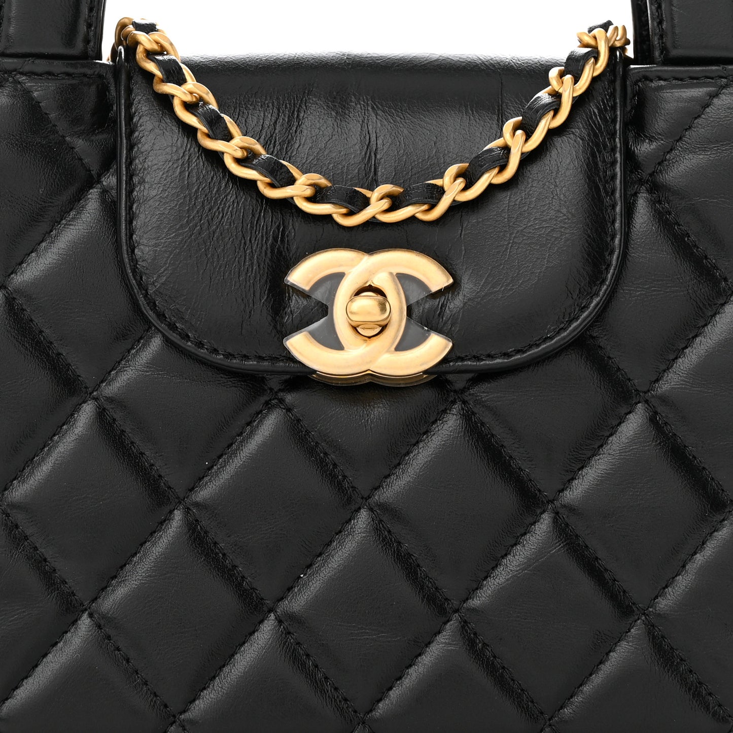 Shiny Aged Calfskin Quilted Nano Kelly Shopper Black