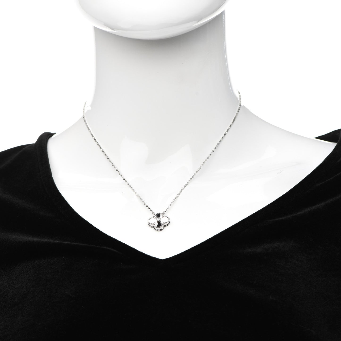 18K White Gold Diamond Guilloche Vintage Alhambra Pendant Necklace