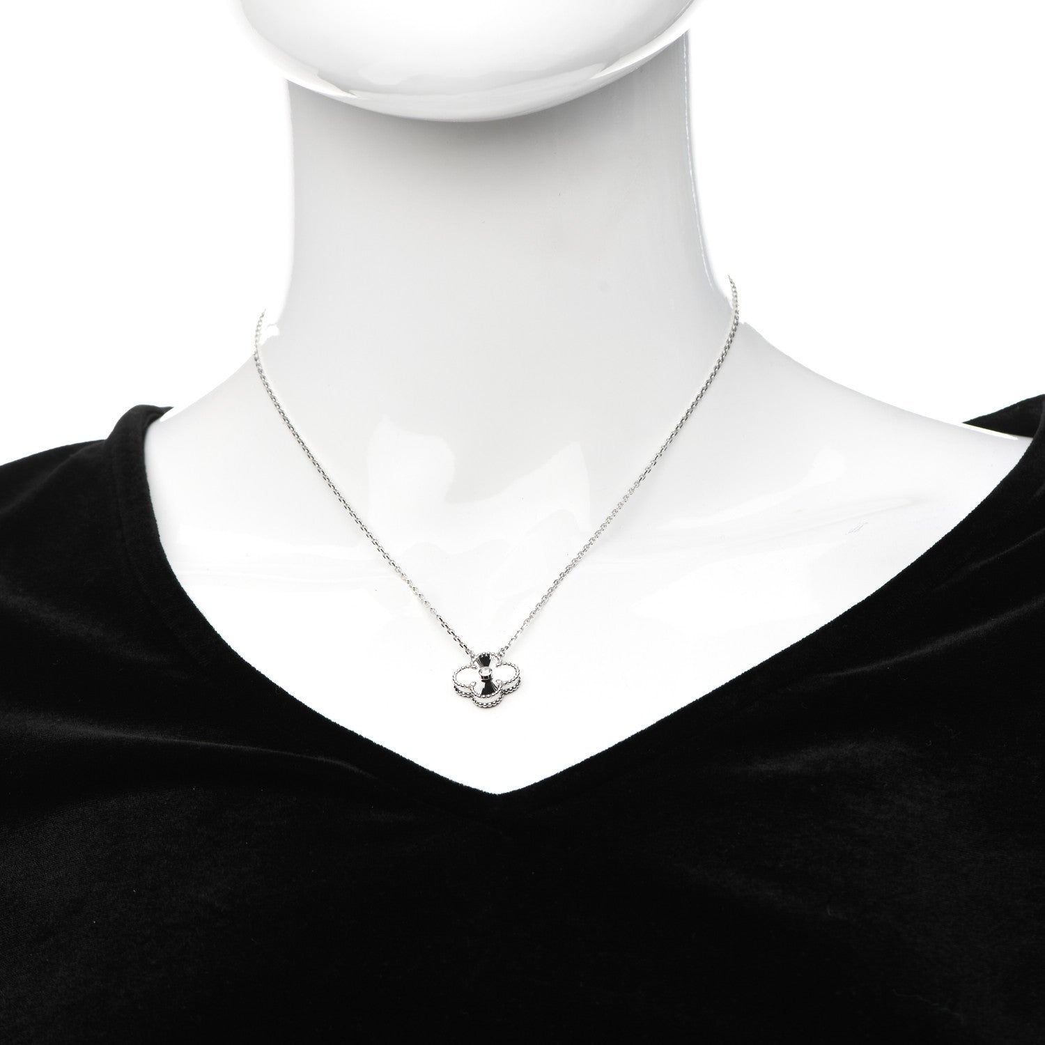 Van Cleef & Arpels 18K White Gold Diamond Guilloche Vintage Alhambra Pendant Necklace 2 of 5