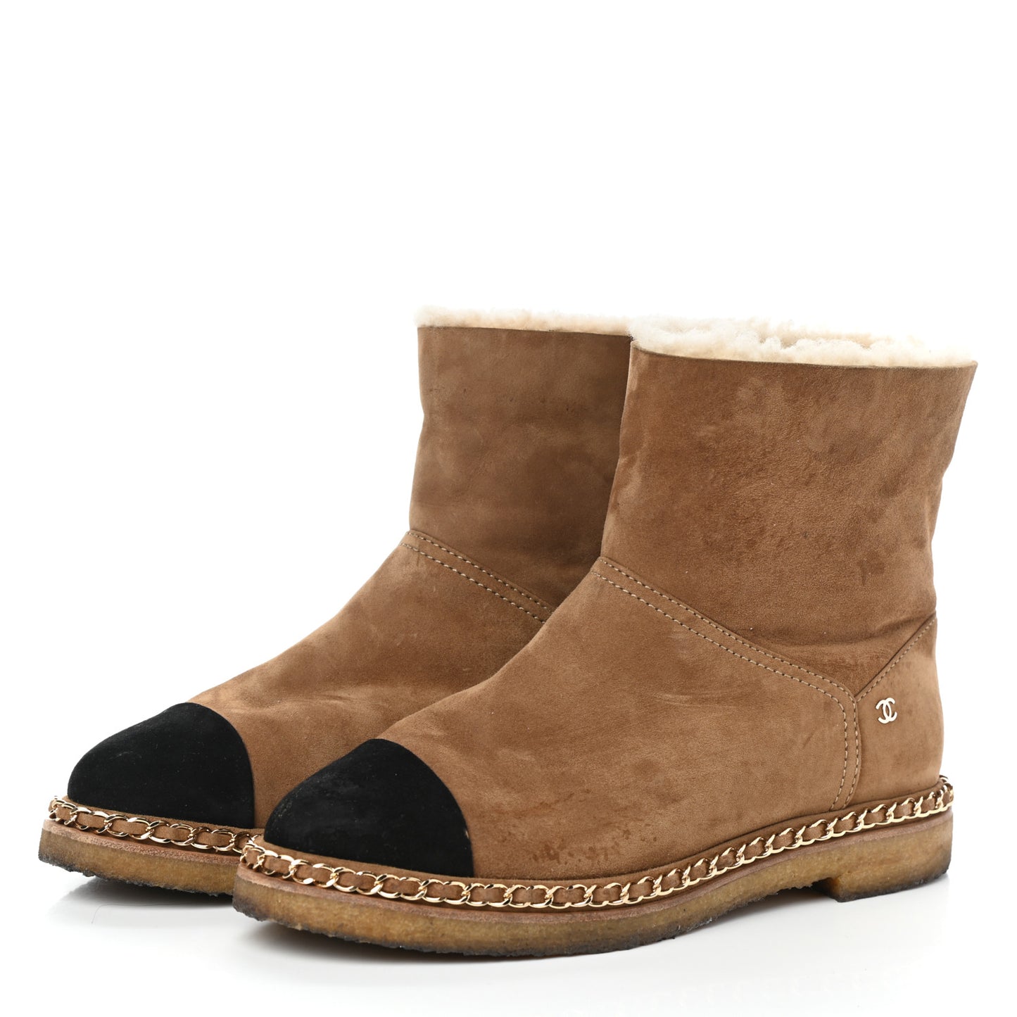 Kid Suede Shearling Womens Cap Toe Chain Short Boots 39.5 Light Brown Black