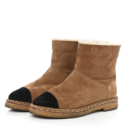 Chanel Kid Suede Shearling Womens Cap Toe Chain Short Boots 39.5 Light Brown Black 3 of 7