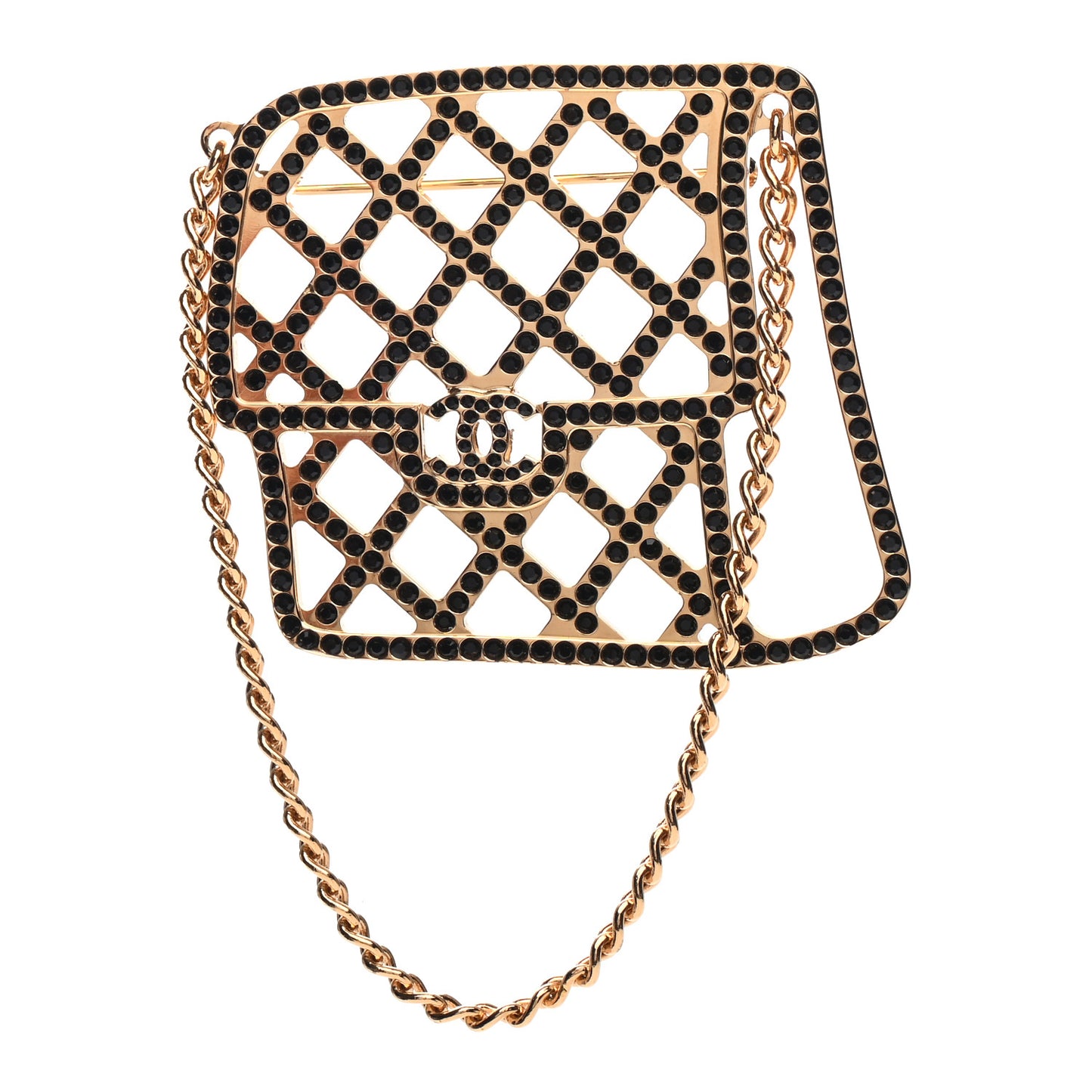 Crystal Flap Bag Brooch Black Gold