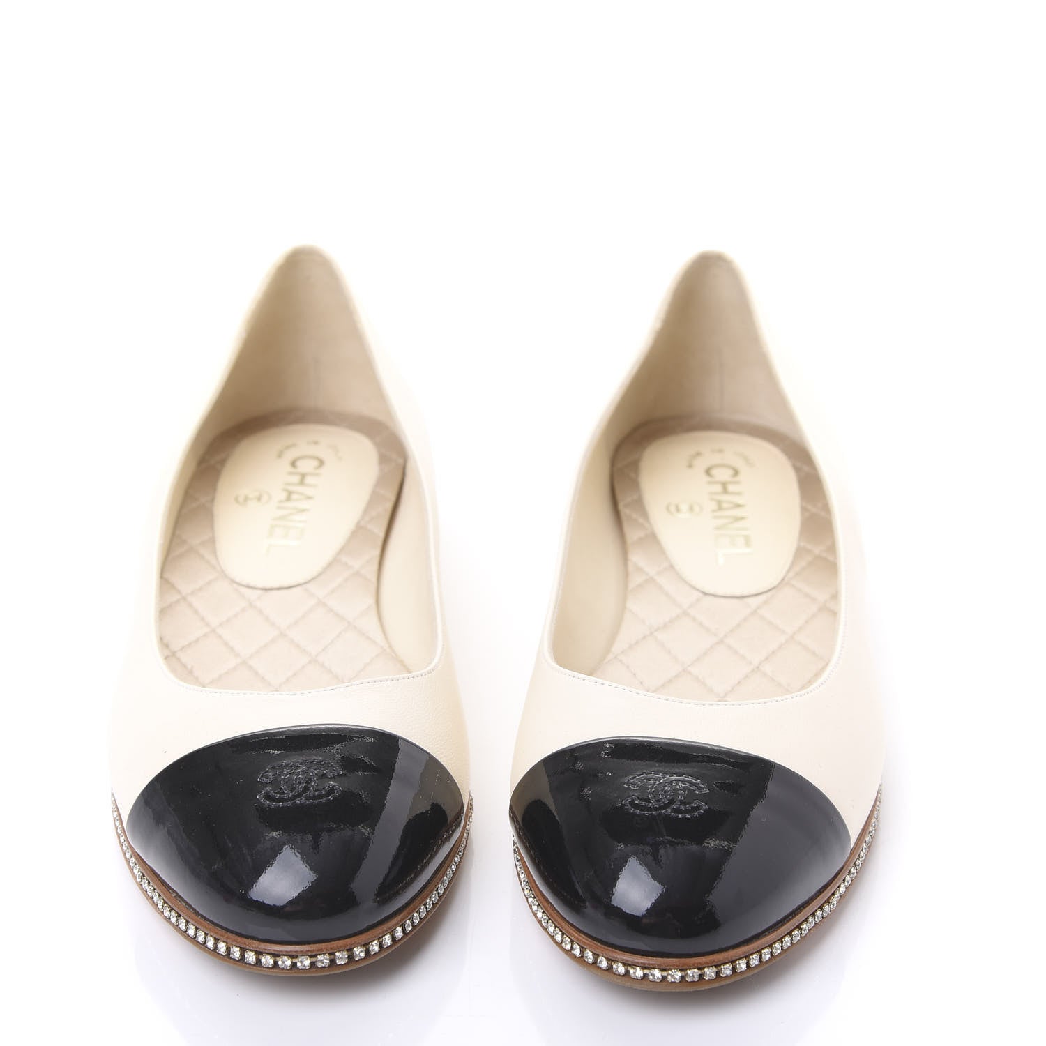 Chanel Patent Lambskin Crystal CC Cap Toe Ballerina Flats 38.5 Beige Black 2 of 8