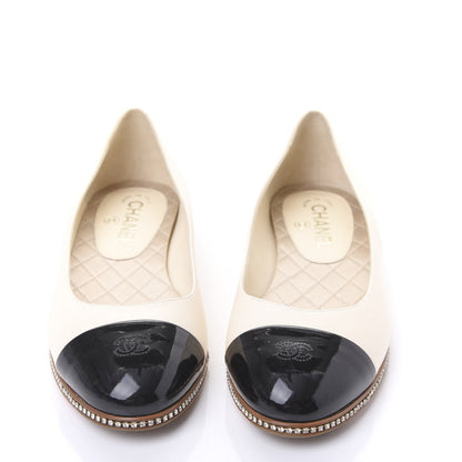 Chanel Patent Lambskin Crystal CC Cap Toe Ballerina Flats 38.5 Beige Black 2 of 8
