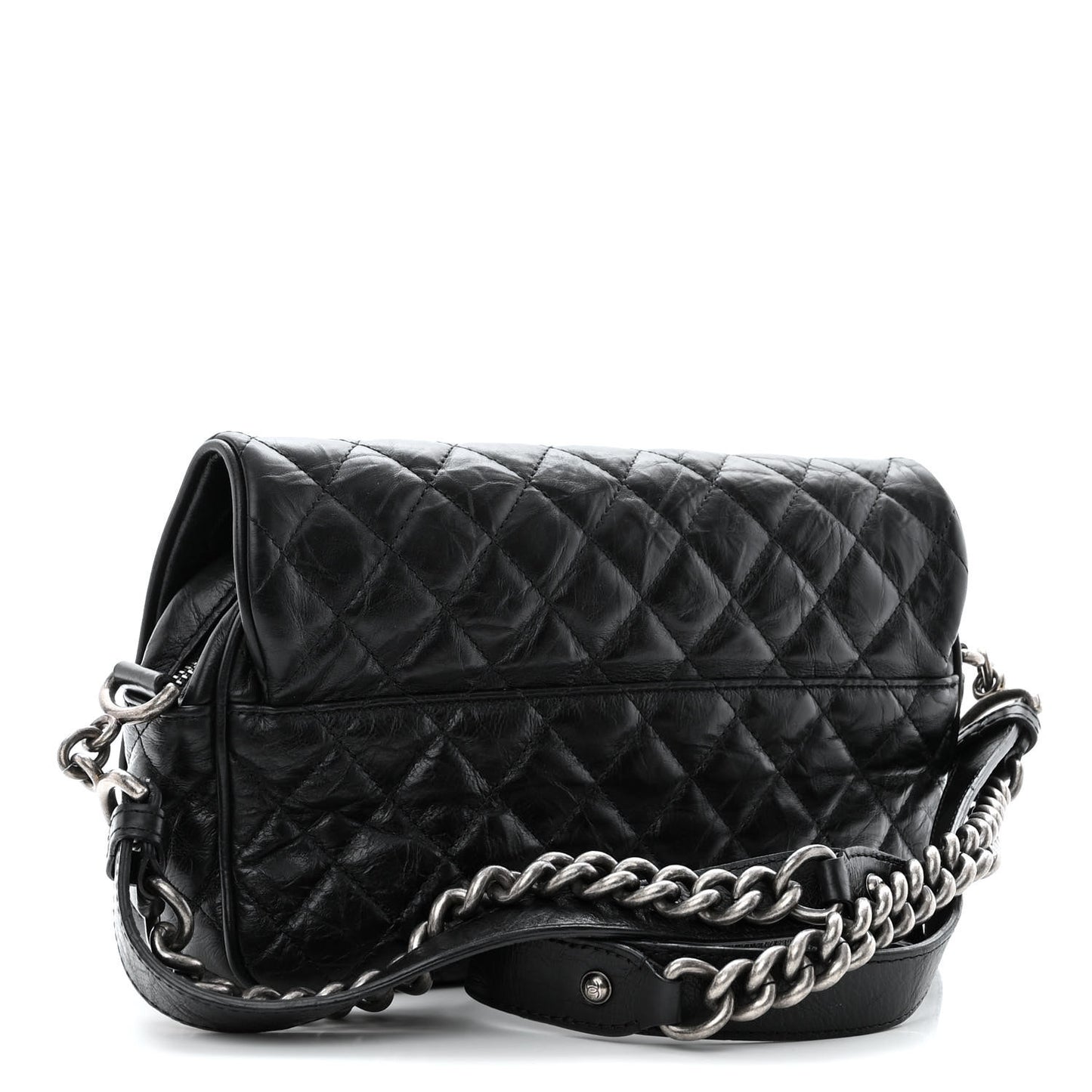 Crumpled Calfskin Quilted Medium Casual Rock Flap Black