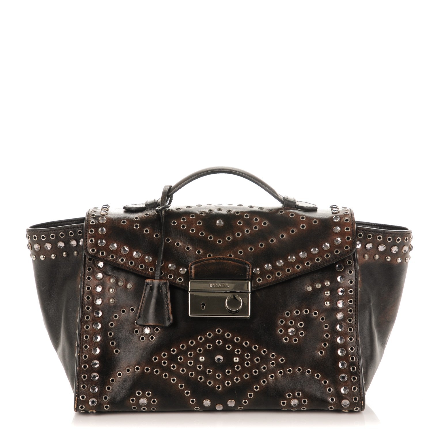 Prada Vitello Vintage Studded Sound Twin Pocket Satchel Ebano 1 of 8