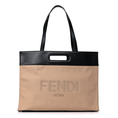 Fendi Canvas Vitello King Logo Embroidered East West Shopper Tote Sand Black 1 of 12