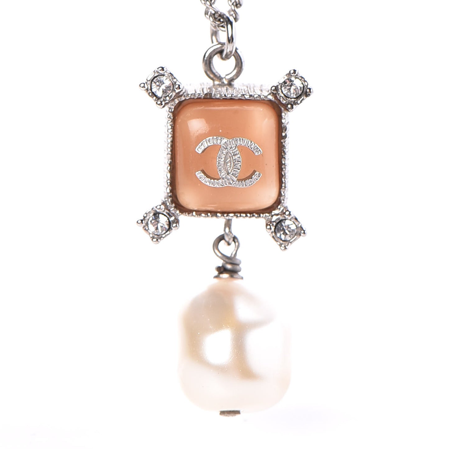 Enamel Pearl Crystal CC Pendant Necklace Silver