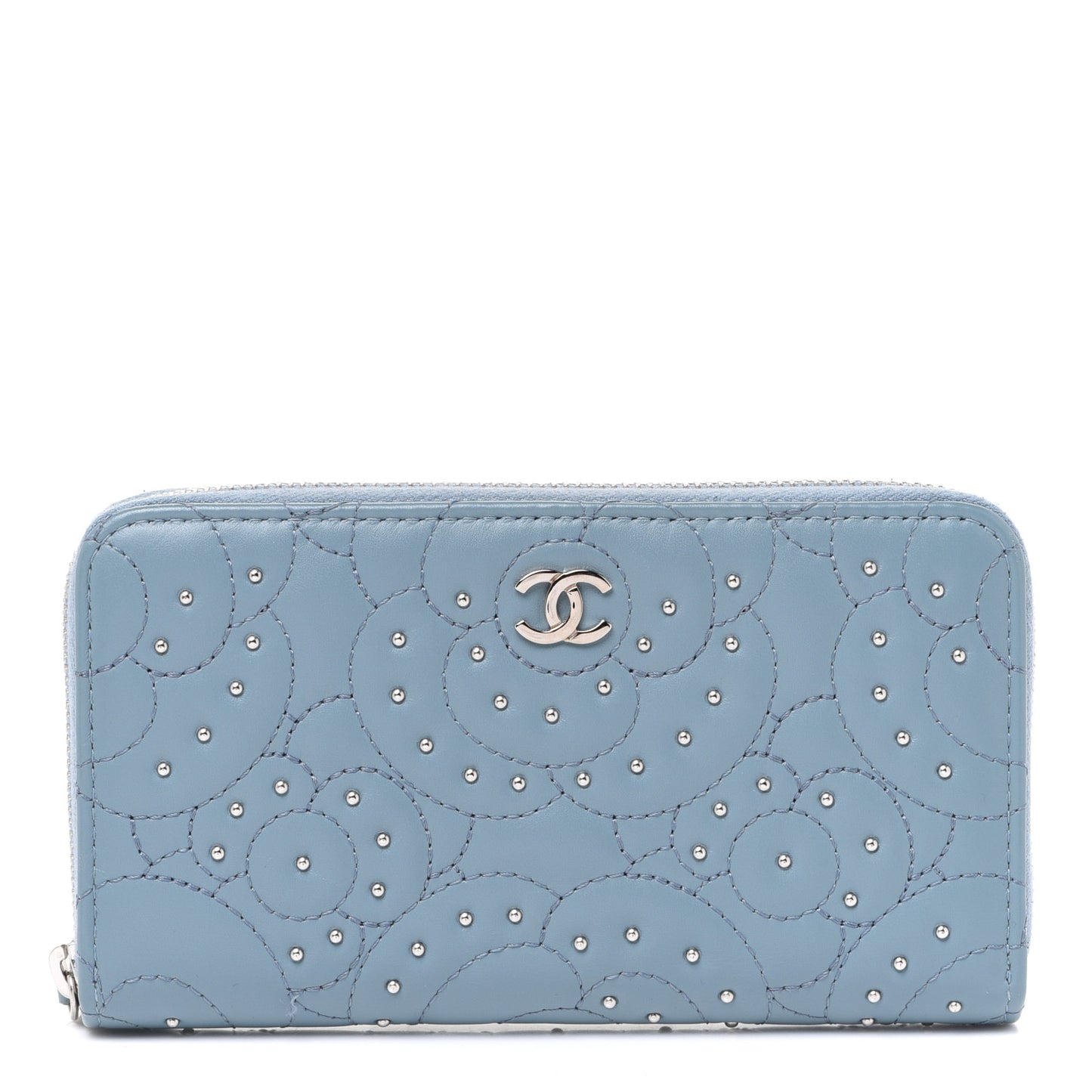 Lambskin Camellia Embossed Studded Medium Zip Around Blue