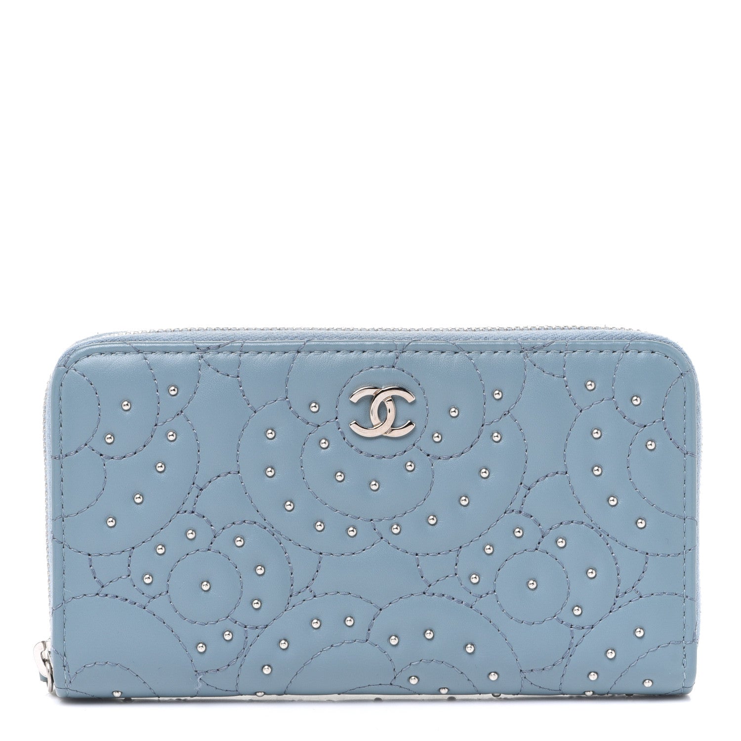 Chanel Lambskin Camellia Embossed Studded Medium Zip Around Blue 1 of 9