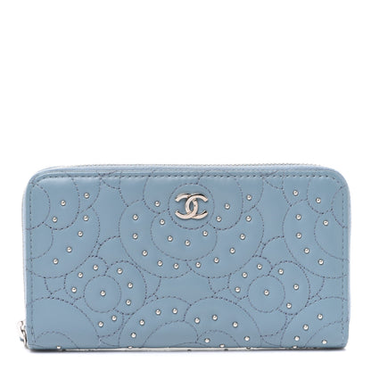 Chanel Lambskin Camellia Embossed Studded Medium Zip Around Blue 1 of 9
