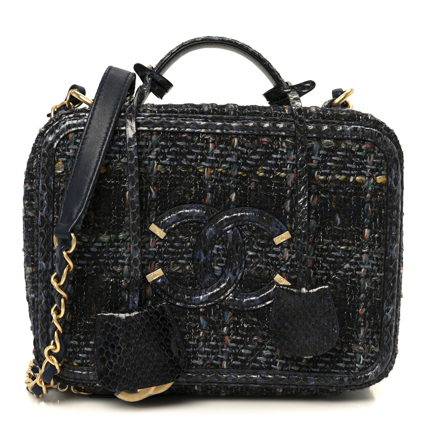 Chanel Tweed Snakeskin Quilted Medium CC Filigree Vanity Case Dark Navy 1 of 10
