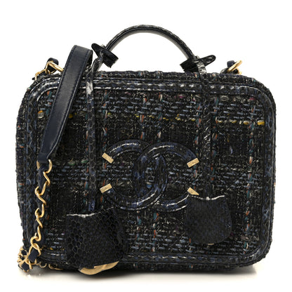 Chanel Tweed Snakeskin Quilted Medium CC Filigree Vanity Case Dark Navy 1 of 10