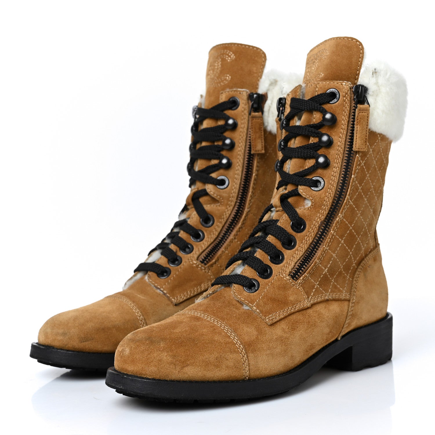 Chanel Suede Calfskin Shearling Quilted CC Tall Lace Up Combat Boots 37 3 of 8