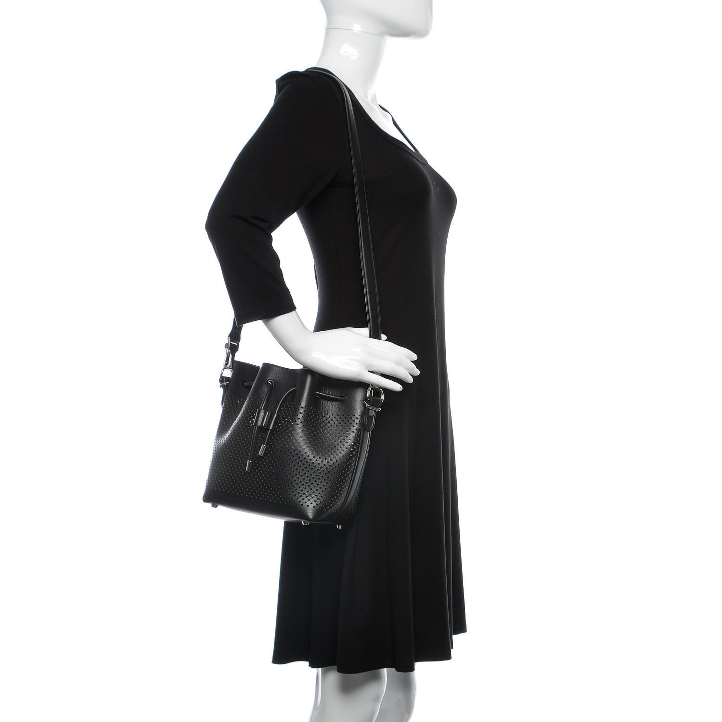 Calfskin Perforated Small Bucket Bag Black