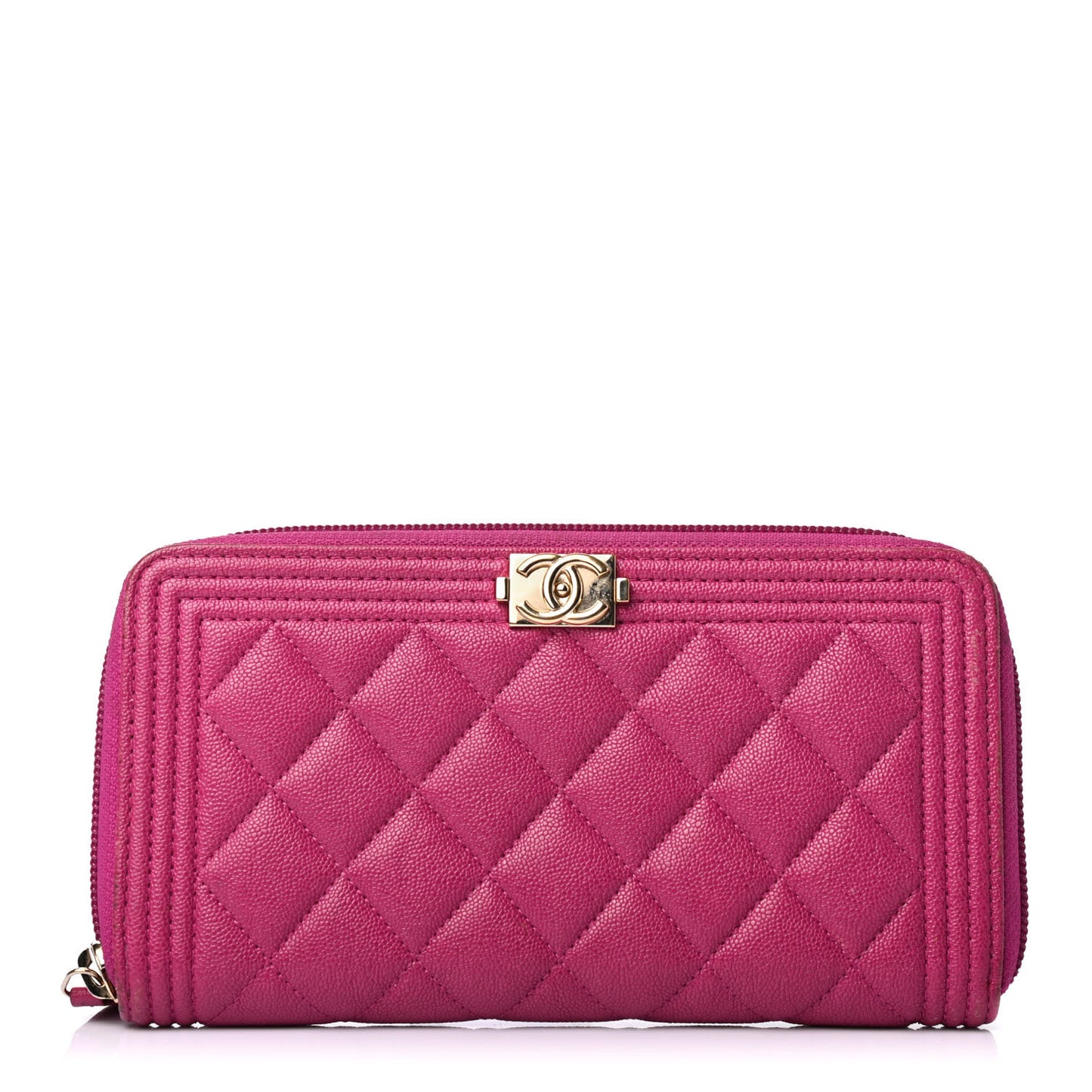 Caviar Quilted Large Boy Zip Around Wallet Fuchsia